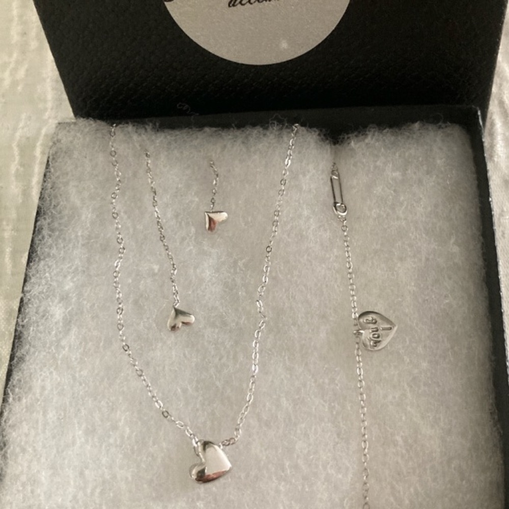 Antian Accessories™ 925 Silver Heart Set Necklace 18” Earrings Bracelet